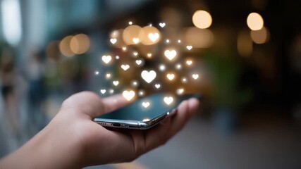 Hand holding a phone; illuminated hearts and bokeh in soft focus - Powered by Adobe