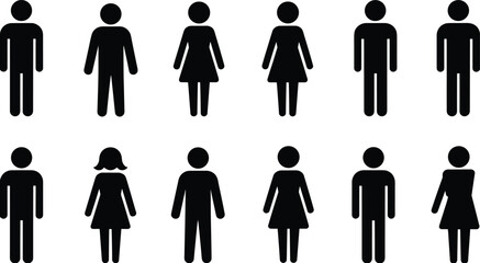 Gender icon set, male female symbols, public signage figures, restroom silhouettes, inclusive design, vector people, simplified human shapes