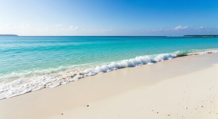 Tropical Beach Paradise with Turquoise Ocean Waves and White Sand.
