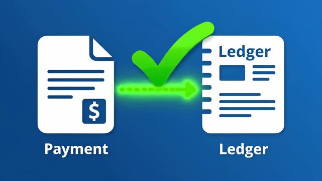 2D UI animation: 'Payment' and 'Ledger' tiles link with a green line, pulsing with 'RECONCILED' checkmark.