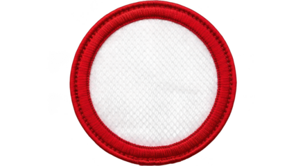 Round red embroidered patch, textured white center featuring scattered black speckles