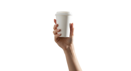 Hand holding a white disposable cup, likely for coffee or a hot beverage, on a white background