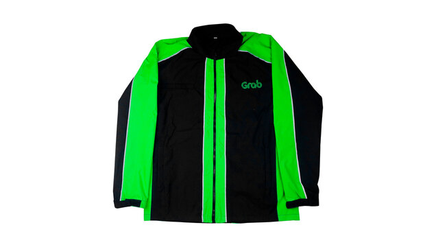 model and design of the front view of the online transportation Grab driver's jacket on a white background on February 14, 2022 in Bandung, Indonesia