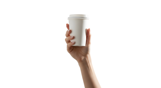 Hand holding a white disposable cup, likely for coffee or a hot beverage, on a white background
