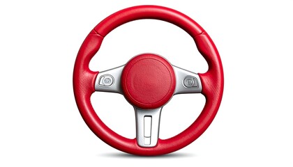 A vibrant, isolated, circular, automotive control interface, primarily crimson red, contrasted with silver accents on white