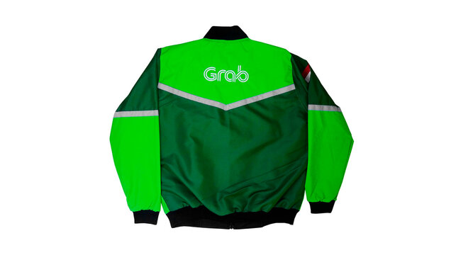 model and design of the back view of the online transportation Grab driver's jacket on a white background on January 20, 2022 in Bandung, Indonesia