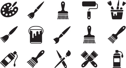 Obraz premium Black artistic tools display various paintbrushes, paint rollers, an easel, and paint cans isolated