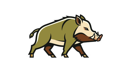 Stylized illustration of a wild boar in green and brown colors on white