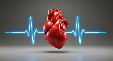 Glossy red heart floats mid-air, set against a glowing blue heartbeat line in a dim studio, serene.!