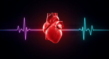 A glowing red heart sits at center, flanked by neon heartbeat lines in purple and cyan,  vivid bold