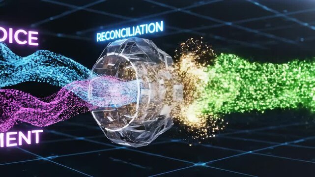 3D abstract: 'Invoice' and 'Payment' particle streams merge in 'Reconciliation' processor, forming green checkmark.