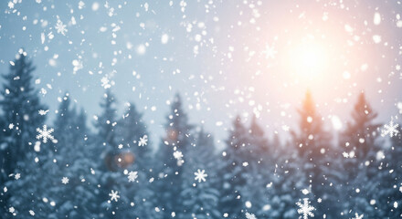 A serene winter scene with softly falling snowflakes drifting over dark evergreen trees, illuminated by a warm glow of sunlight.