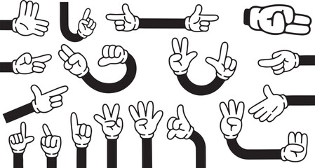 Cartoonish white gloved hands in various poses and gestures create a display