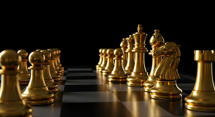 Golden chess pieces align along a glossy board, dramatic perspective against a black backdrop, glow