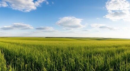 Obraz premium Vast Green Agricultural Field Under a Cloudy Blue Sky.