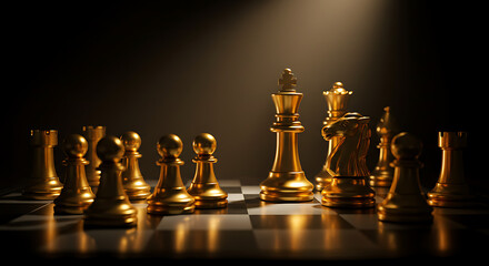 Golden chessboard pieces glow under dramatic top light, kings and pawns align in reverence. crowned