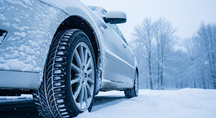 A close-up of a car's tire on a snowy road, surrounded by a winter landscape with snow-covered trees in the background.