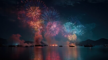 Fototapeta premium 8k, realistic, full ultra HD, high resolution, cinematic photography A picturesque view of a New Year's Eve fireworks show over a tranquil ocean, with boats anchored in the distance