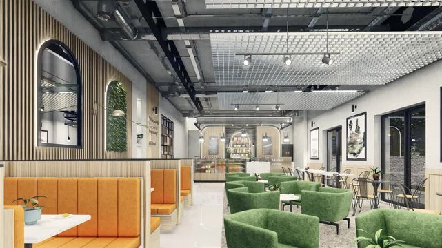Modern Industrial Coffee Shop Interior with Green Armchairs and Orange Booths - 4K 3D Animation