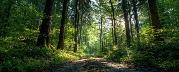 Sunlit path through a lush green forest