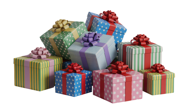 Brightly wrapped gift boxes piled high for joyous celebrations and special occasions