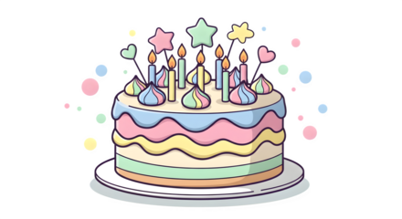Whimsical birthday cake with colorful frosting and lit candles isolated on transparent background