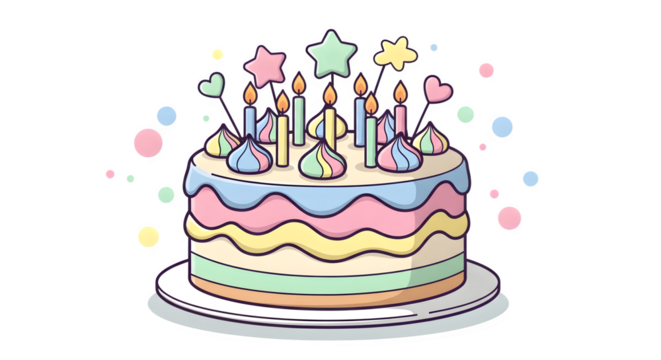 Whimsical birthday cake with colorful frosting and lit candles isolated on transparent background