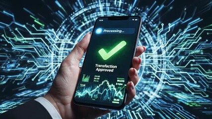 Seamless digital payment approval displayed on smartphone with financial graph - Powered by Adobe