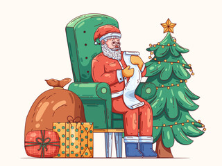illustration with Santa Claus seated on a green sofa, reading a long scroll of names or gift list. Beside him stands a decorated Christmas tree, colorful wrapped presents and a large gift sack.