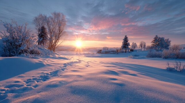 8k, realistic, full ultra HD, high resolution, cinematic photography A beautiful winter sunset over a snowy landscape, with a sense of peace and new beginnings for the year ahead