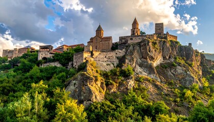 Obraz premium A historic stone monastery complex sits atop a rocky hill, partially obscured by lush green vegetation. The sun's rays illuminate the structure