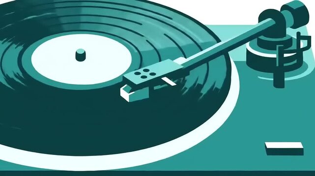 Illustration of a record player with a vinyl record spinning on a turntable.
