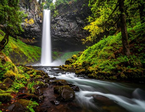 Cascading water plunge in lush, verdant woodland, moss-covered rocks