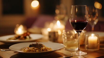 Romantic candlelight dinner with red wine and pasta at an inviting restaurant table, celebrating special moments