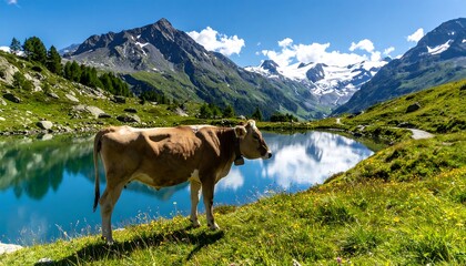A serene summer scene. A cow stands by a tranquil lake surrounded by lush green grass, rocky terrain, and majestic snow-capped mountains. The sky is clear blue