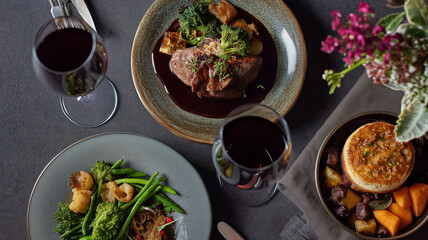 Gourmet fine dining dinner set with main course, side dish, artisan pie, and two red wine glasses on a dark table