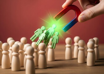 Businessman with a magnet pulls two green figures of people out of the crowd. Recruiting new workers and Search talented workers with great career potential. Formation of a new team.