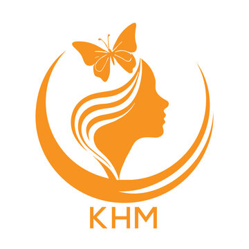 KHM Elegant Woman Beauty Logo with Butterfly. KHM Feminine Hair Salon Branding. KHM Modern Beauty Icon.
