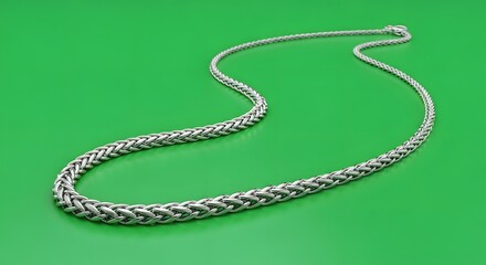 A close-up of a silver chain necklace with a detailed woven pattern laid out on a vibrant green background for jewelry or fashion themes