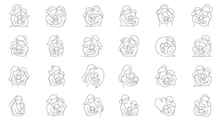 Motherhood and family love line art icon set for modern design