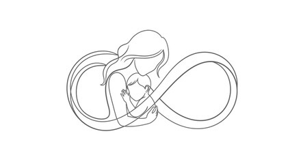 Mother holding baby in infinity symbol line art illustration.