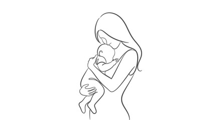 Minimalist line art illustration of a loving mother embracing her newborn infant.