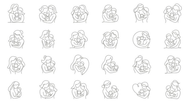Motherhood and family love line art icon set for modern design