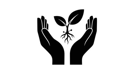 Hands protecting young plant with roots, symbolizing growth and care
