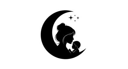 Mother and child bonding silhouette with moon and stars design