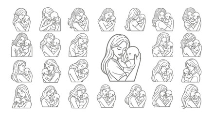 Mother and baby love, embrace, care, minimalist line art set.