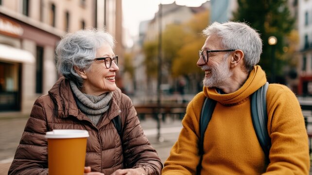 Happy senior couple enjoying conversation in urban park, sharing smiles and coffee while sitting together on beautiful autumn day with trees in background - Powered by Adobe