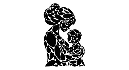 Stylized black silhouette of mother and child with leaf pattern