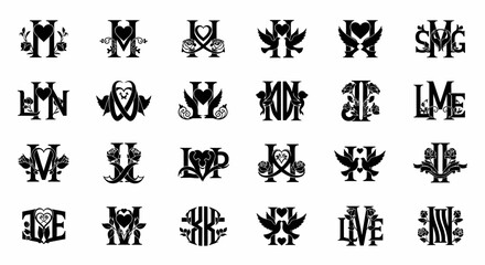 Elegant wedding monogram collection hearts roses doves letters