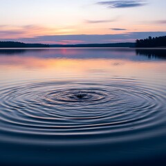 A tranquil lake scene during sunset with calm water reflecting the colorful sky and gentle ripples spreading across the surface